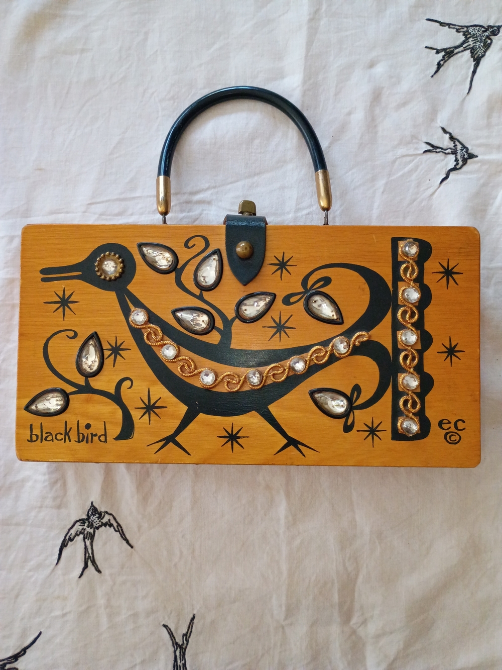 Blackbird Embellished Wooden Clutch in Mustard Yellow